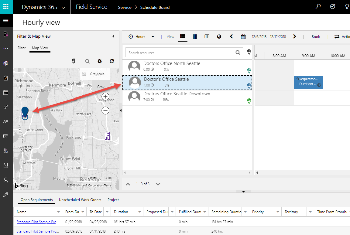 Captura de pantalla de recurso de instalación en el mapa del tablero de programación.