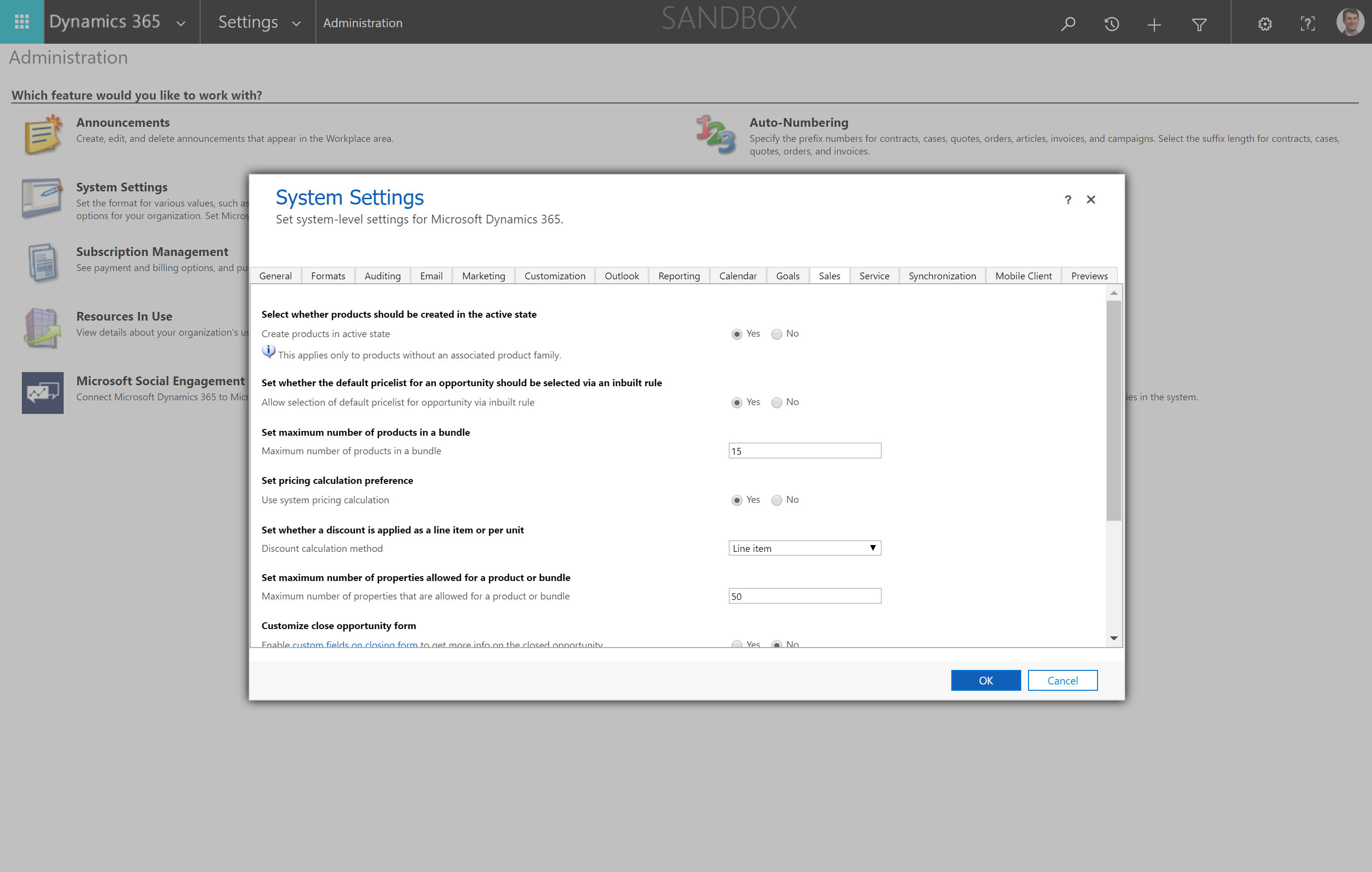 Captura de pantalla de la configuración del sistema de Dynamics 365 en la pestaña de ventas.