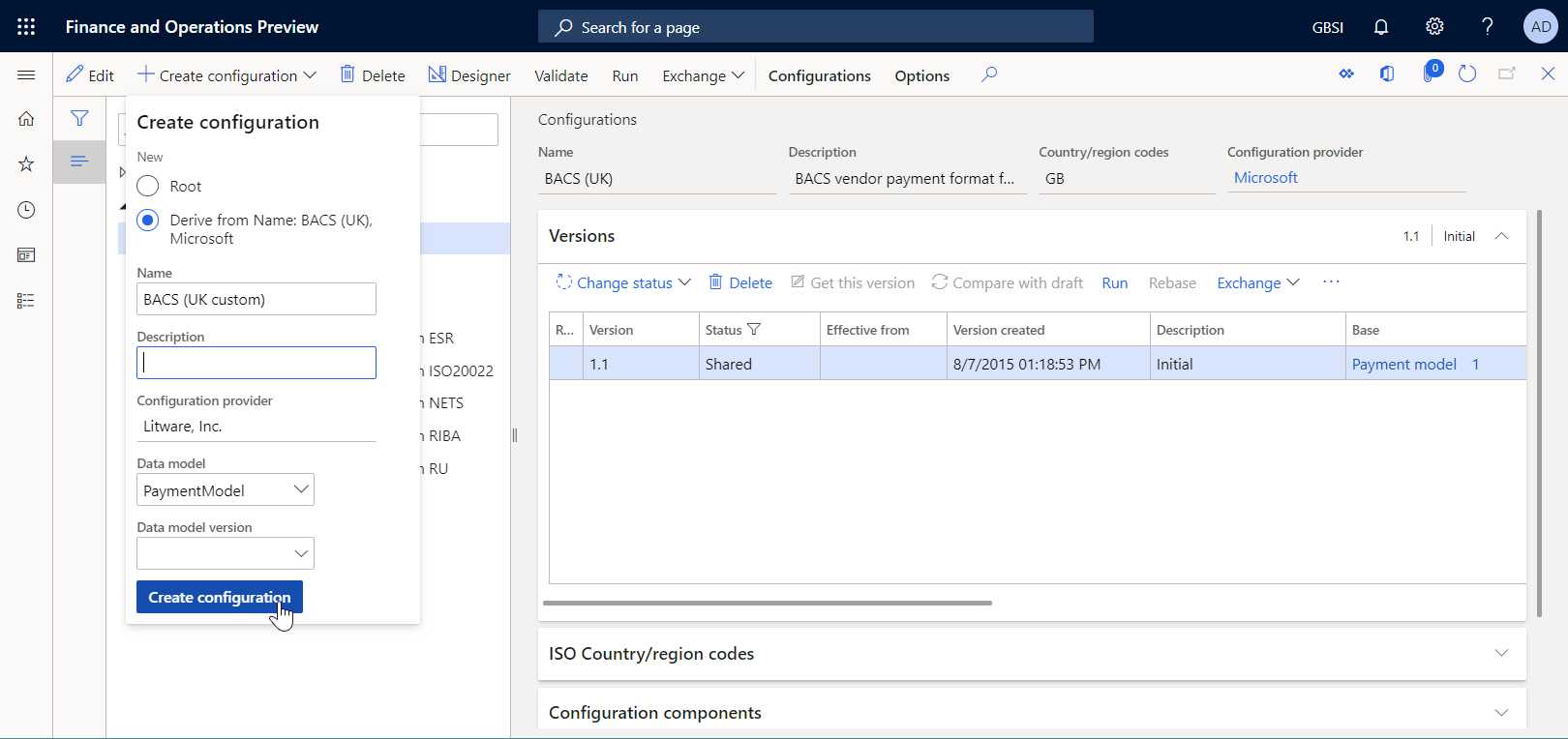 Cuadro de diálogo desplegable Crear configuración.