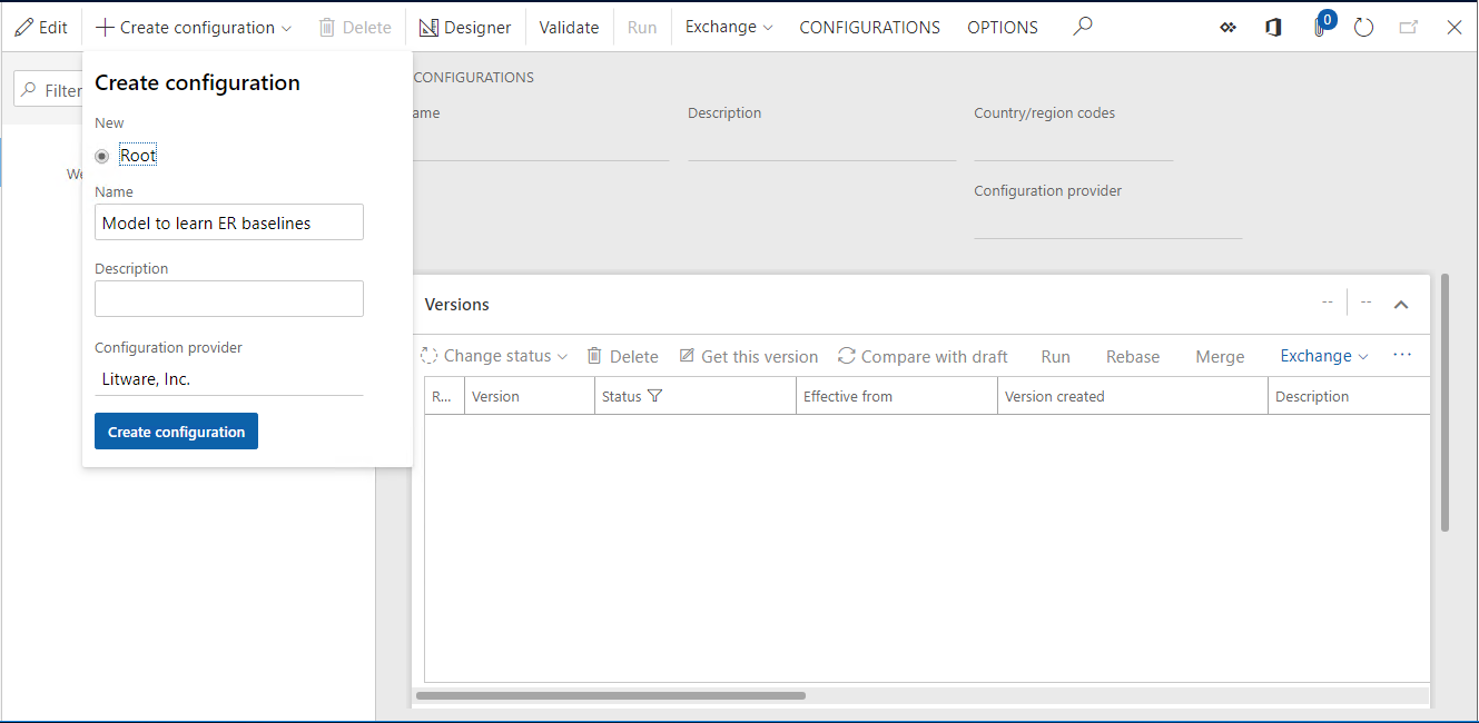 Crear cuadro de diálogo de configuración, agregar una nueva configuración de modelo de ER.