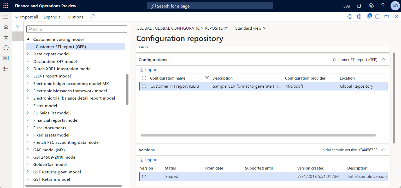Configuración de formato ER publicada en la página Repositorio de configuración.