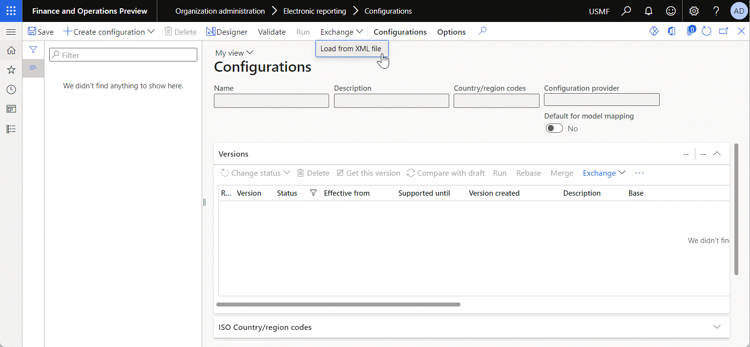 Importación de la versión de configuración del formato de ER en la página Repositorio de configuración.