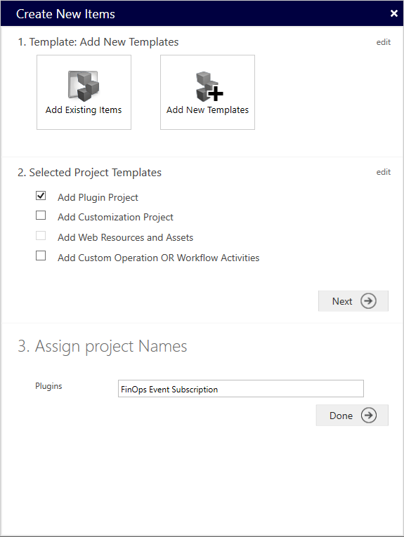 Adding a plug-in project in the Create New Items dialog box.