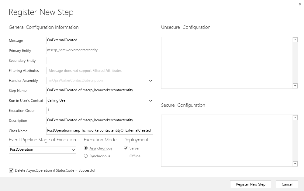 Registering a new step for your plug-in in the Register New Step dialog box.