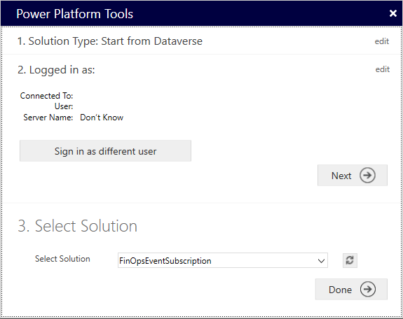 Selecting a solution in the Power Platform Tools dialog box.