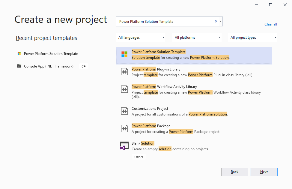 Selecting Power Platform Solution Template in the Create a new project dialog box.