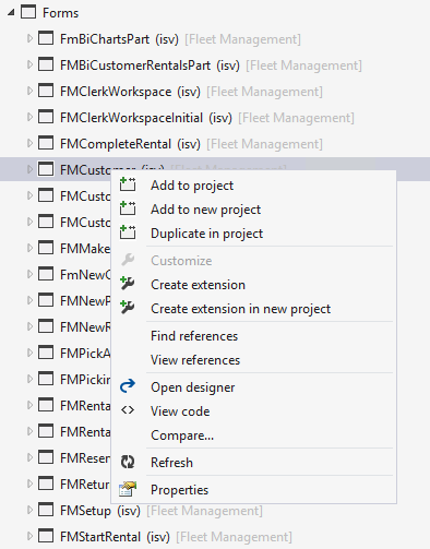 Conext menu options for Application Explorer.