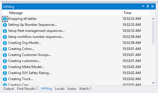 Screenshot of the Infolog window displaying logged data in the debugger.