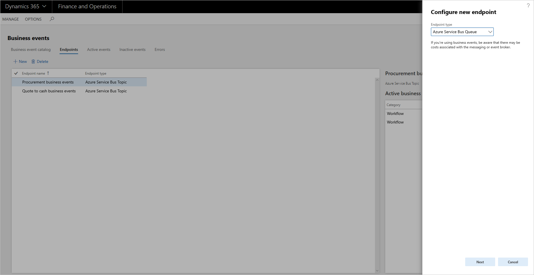 Selecting Azure Service Bus Queue as the endpoint type in the Configure new endpoint dialog box.