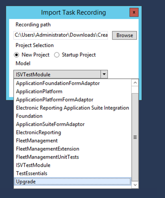 Screenshot of an example of the Import Task Recording dialog box.