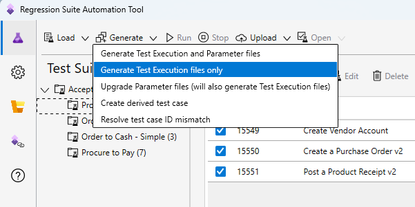 Generate Test Execution files only menu item.
