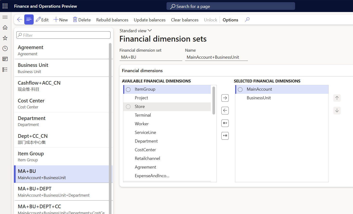 Definir conjunto de dimensiones financieras