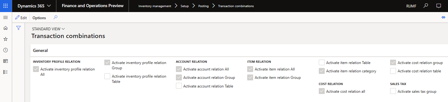 Transaction combinations page.