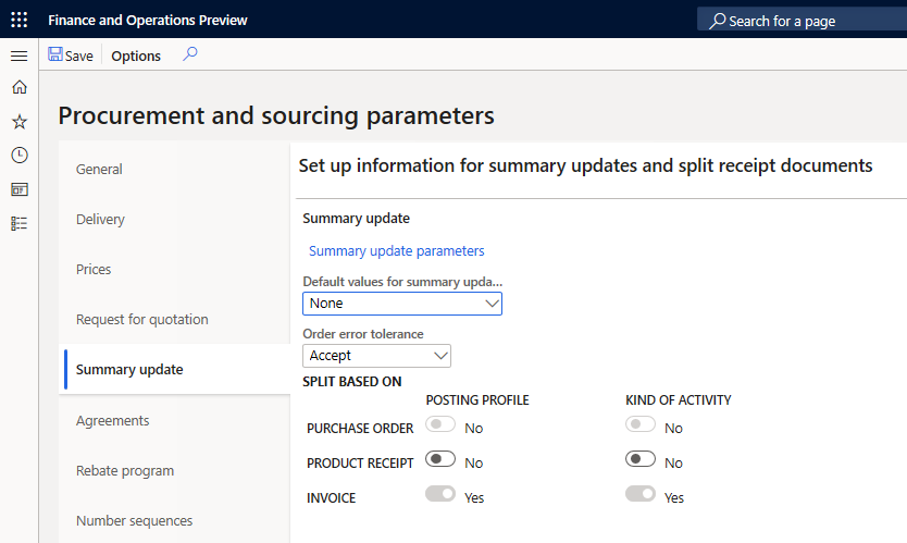Procurement and sourcing parameters page, Summary update tab.