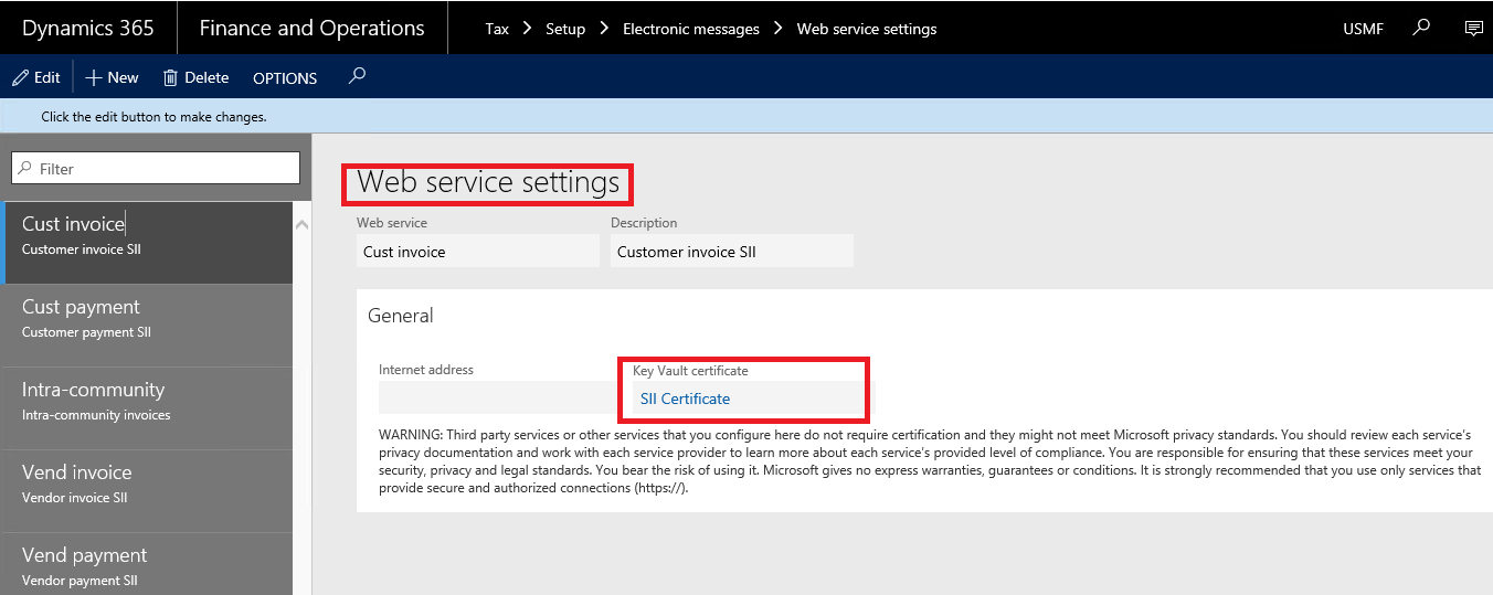 Página de configuración de los servicios Web.