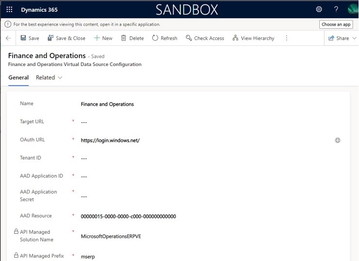 Registro de configuración de fuentes de datos virtuales de Finanzas y operaciones en el entorno de pruebas.