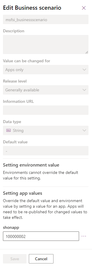 Valores de la aplicación de configuración