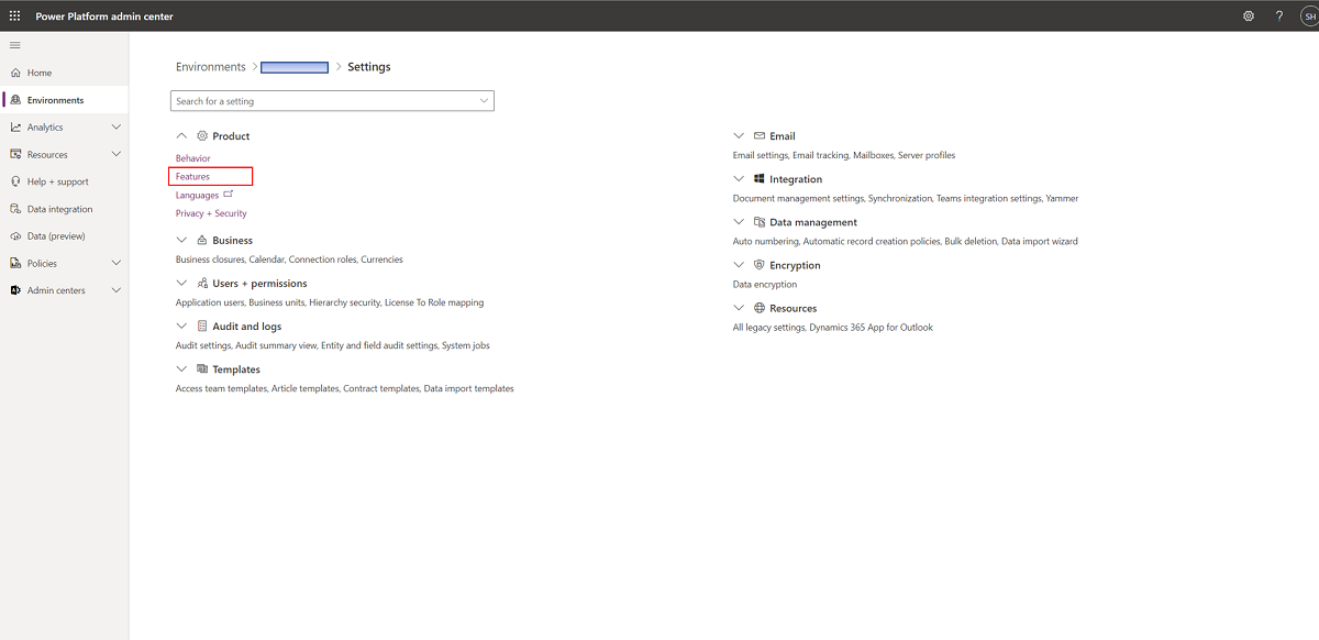 Captura de pantalla del tablero de Entornos con la configuración.