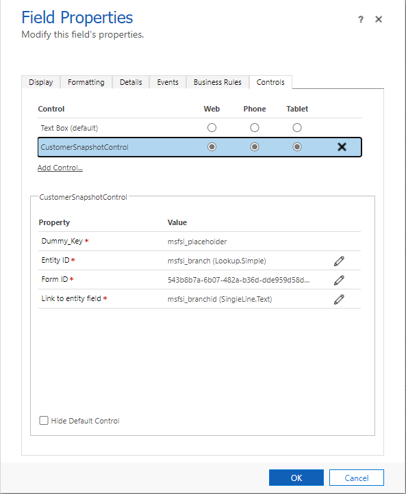 Captura de pantalla del formulario de vista rápida asignado al componente de instantánea del cliente