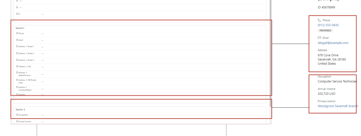 Captura de pantalla de formulario de vista rápida con los separadores de línea entre secciones