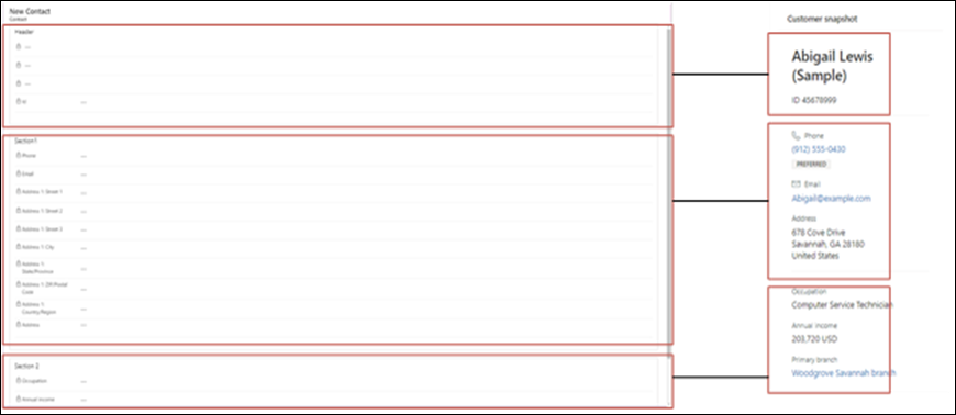 Captura de pantalla del formulario de vista rápida con varias secciones
