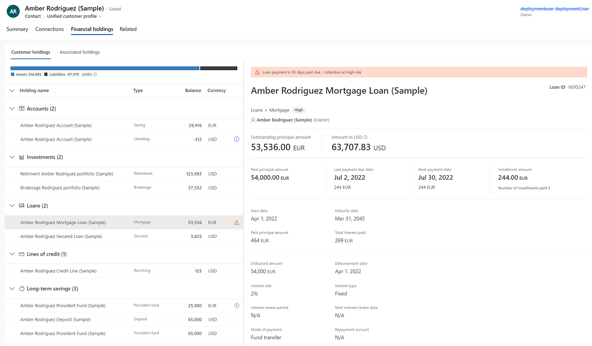 Captura de pantalla de la pestaña Posiciones financieras en Perfil unificado del cliente.