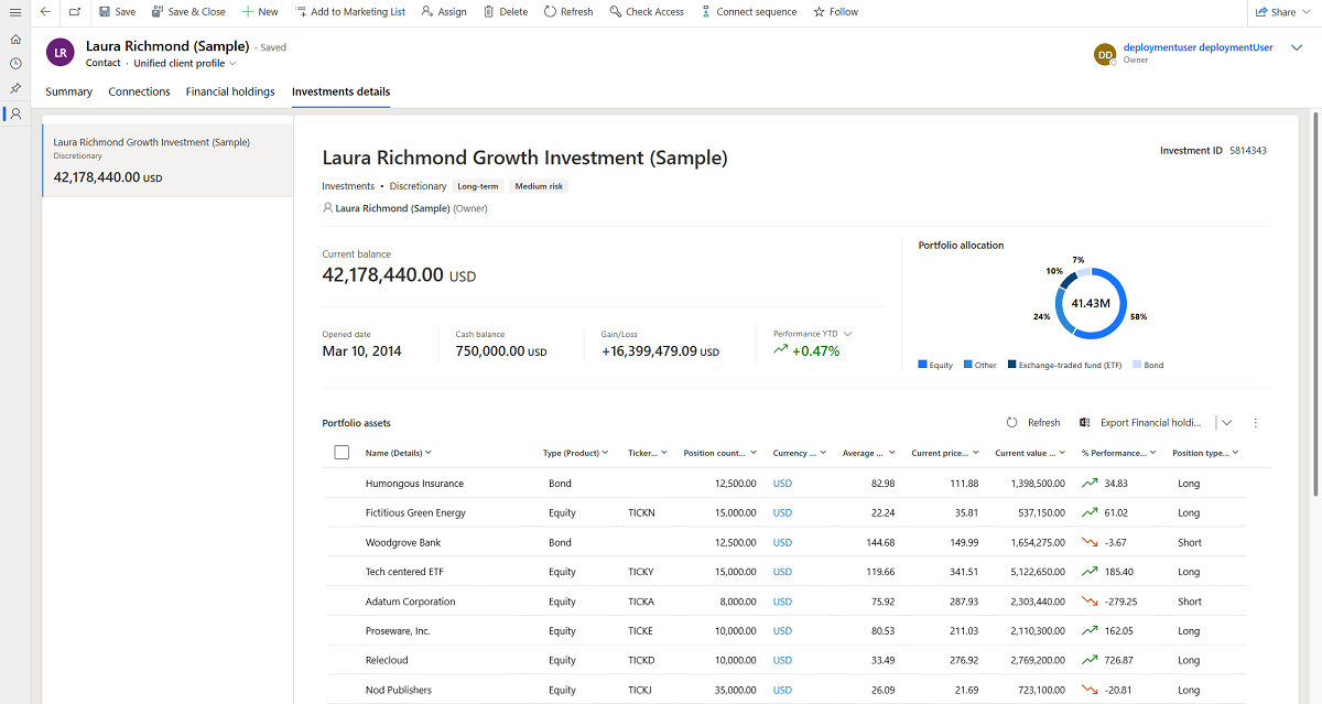 Captura de pantalla de la pestaña Detalles de inversiones en el Perfil de cliente unificado.