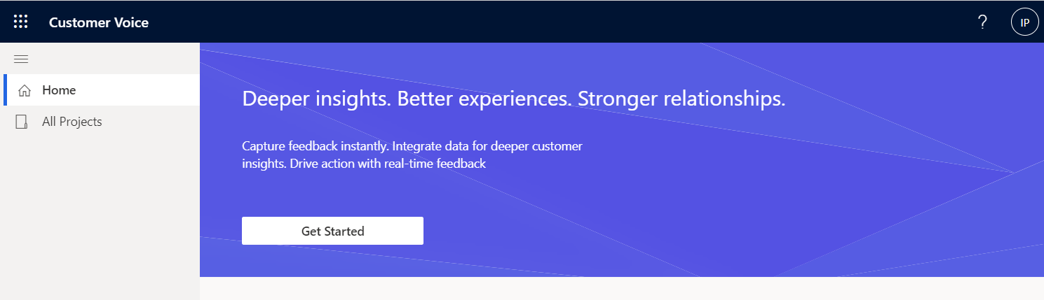 Una captura de pantalla que muestra la página Dynamics 365 Customer Voice.