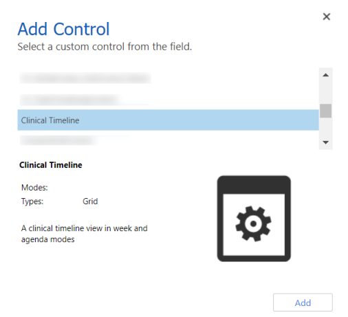 Captura de pantalla que muestra la adición del control Clinical Timeline.