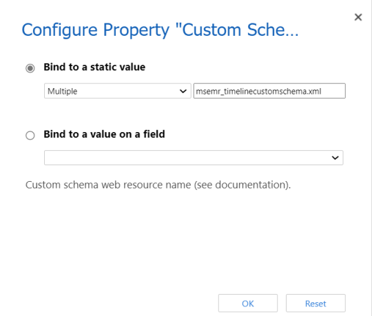 Captura de pantalla que muestra la configuración de la propiedad XML de esquema personalizado.