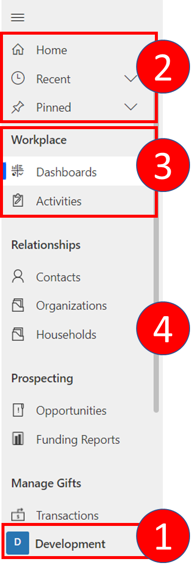 Select an area to see relevant sections in the navigation pane.