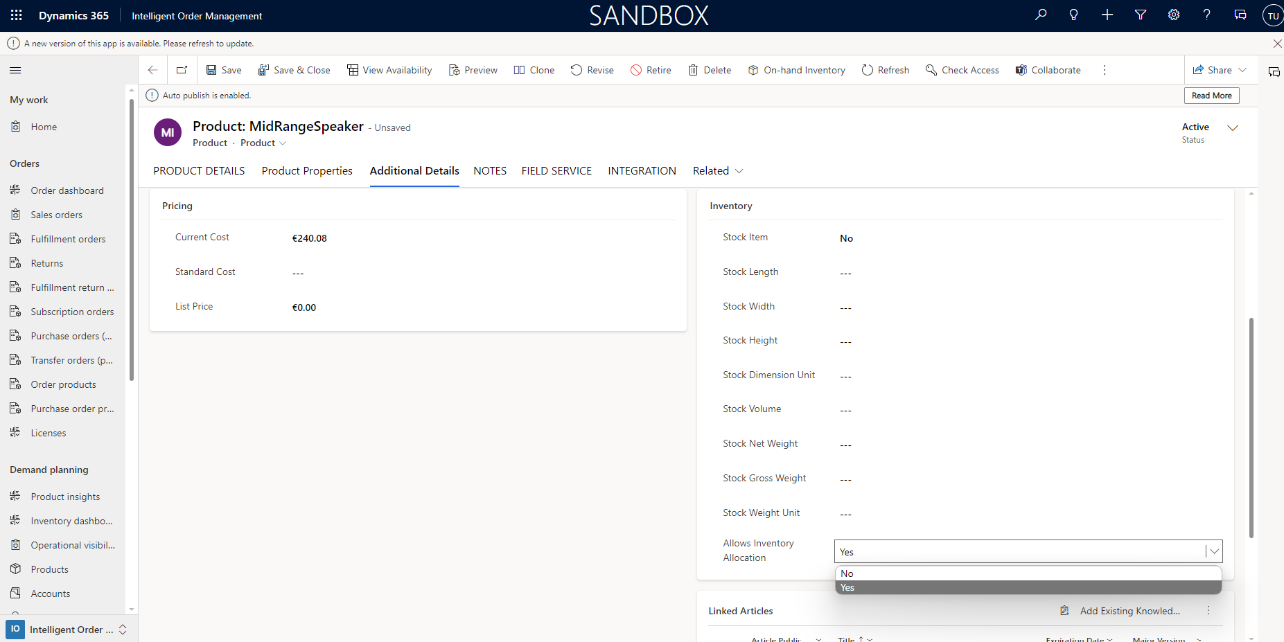 Captura de pantalla de la pestaña Detalles adicionales donde el campo Permitir asignación de inventario está establecido en Sí.