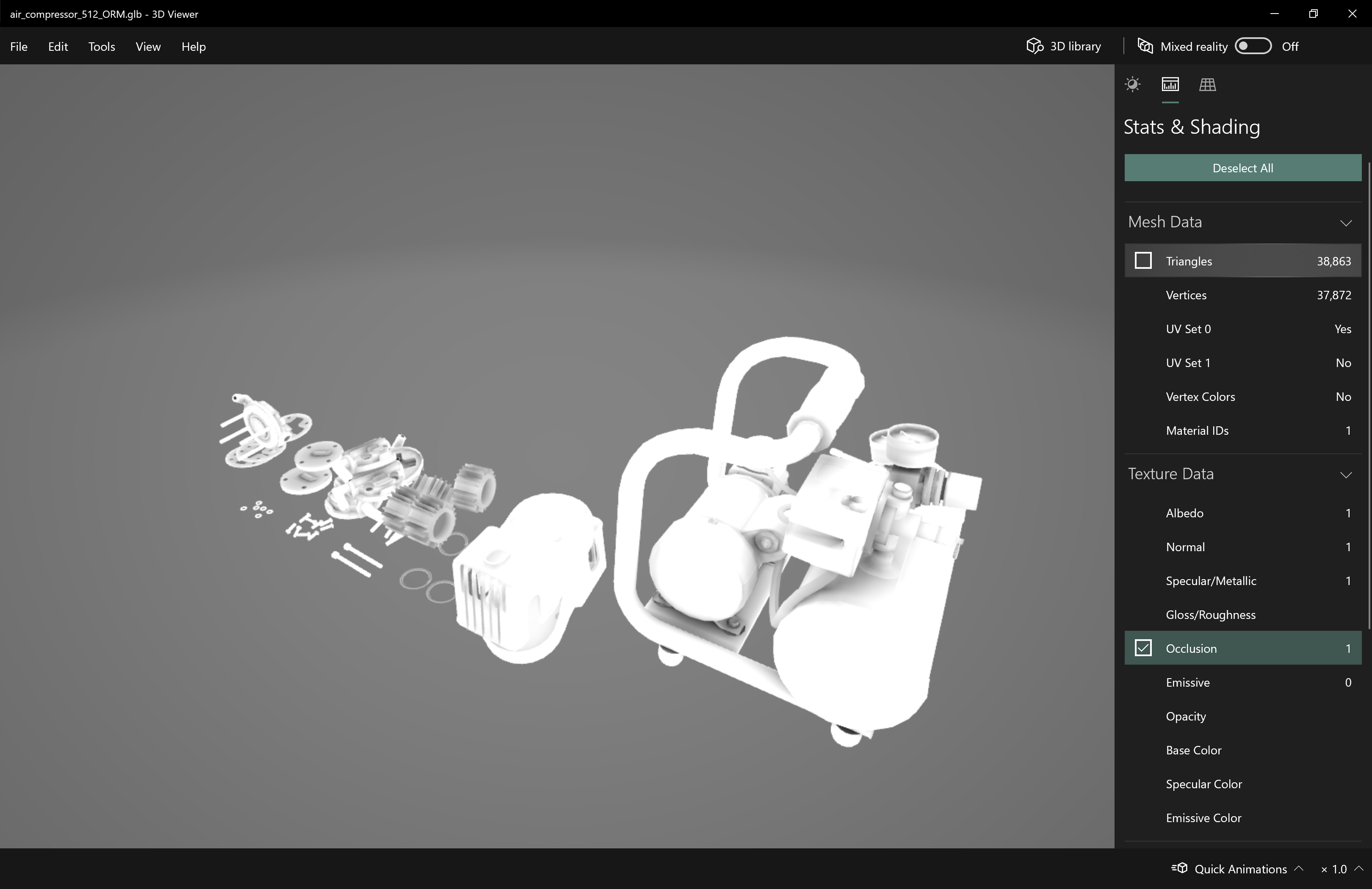 Visor 3D donde se muestra el campo Stats & Shading.