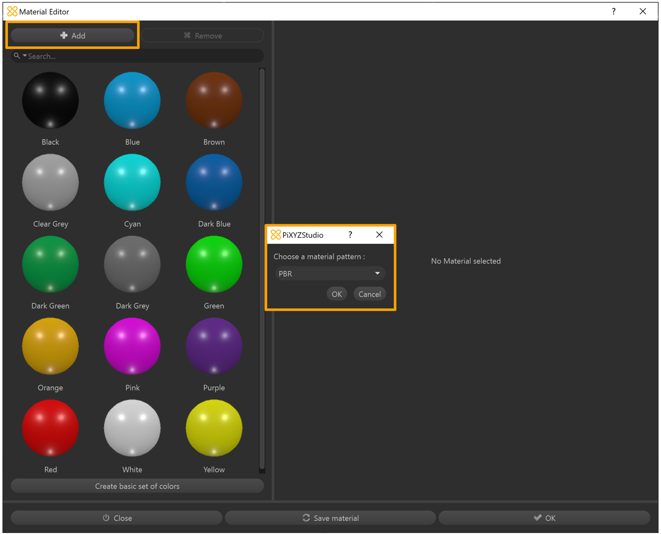 Ventana de Material Editor donde se muestra una lista para Choose a material pattern.