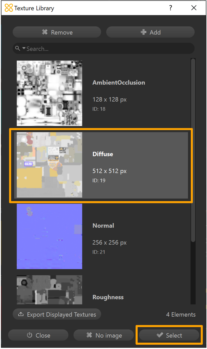 Seleccionar el mapa de textura Diffuse en la ventana Texture Library.