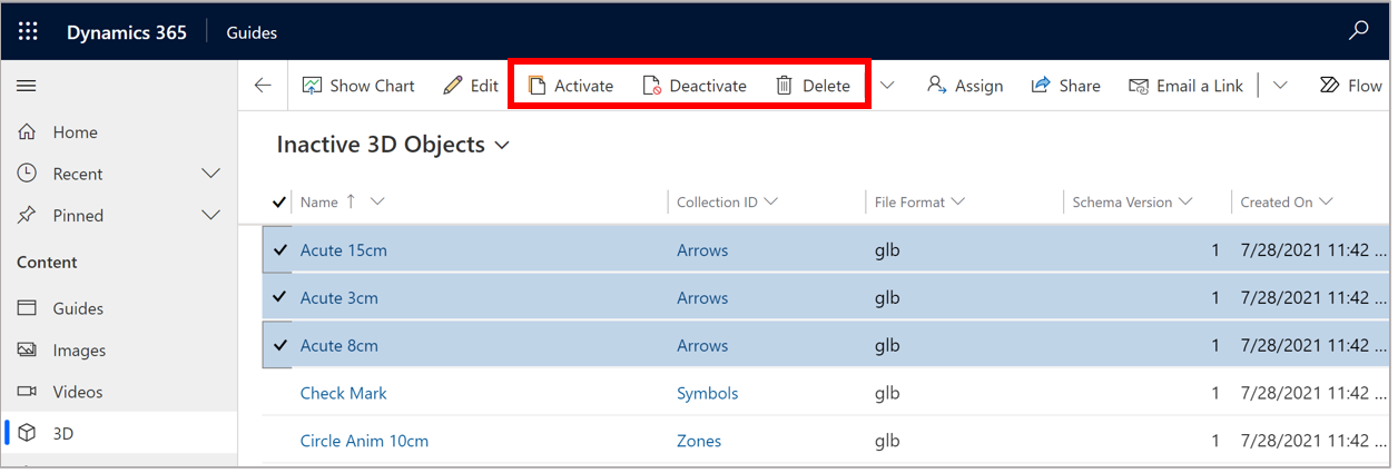 Captura de pantalla que muestra los botones Activar, Desactivar y Eliminar para los objetos seleccionados en la aplicación basada en modelos de Guides.