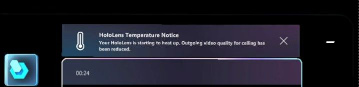Screenshot of HoloLens message showing that device is heating up.