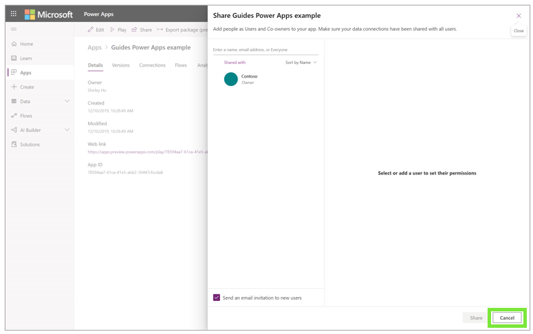 Captura de pantalla del botón Cancelar en el cuadro de diálogo Compartir ejemplo de Guides Power Apps