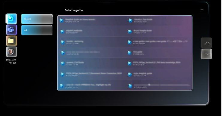 Captura de pantalla del submenú que muestra la pestaña Reciente, la pestaña Todos y las carpetas o archivos.
