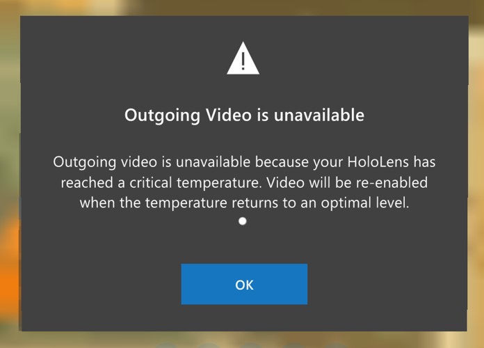Captura de pantalla de mensaje de HoloLens que muestra que el dispositivo se ha deshabilitado