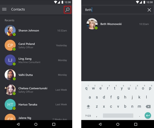 Buscar Captura de pantalla de Dynamics 365 Remote Assist para dispositivos móviles que muestra la pantalla Contactos y resalta el icono de búsqueda