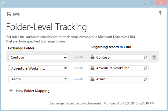 Cuadro de diálogo Reglas de seguimiento de carpetas en aplicaciones Dynamics 365.