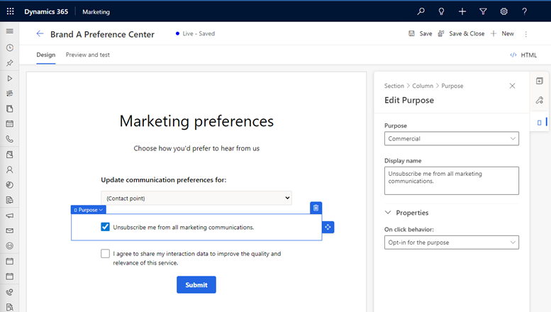 Captura de pantalla de opciones de preferencias de marketing