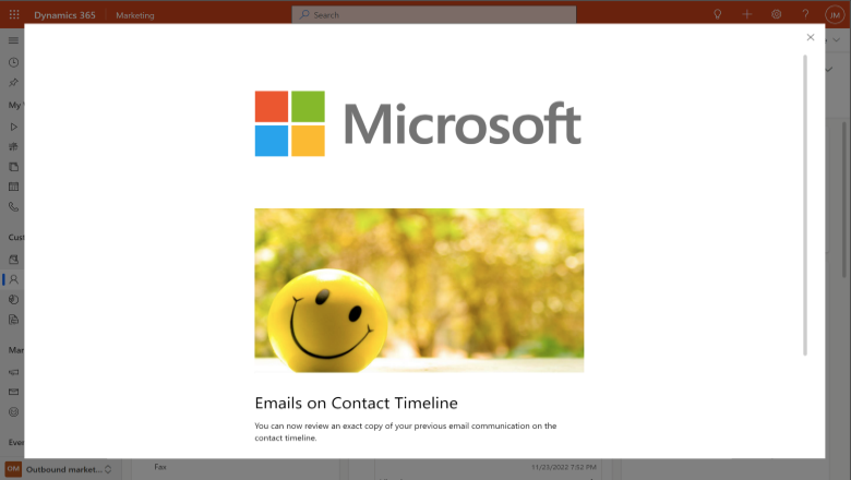 Versión preliminar del correo electrónico a pantalla completa en la escala de tiempo de contacto.