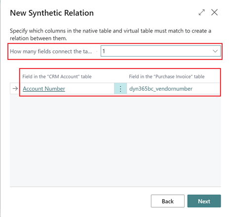 Muestra la página de configuración de campos Nueva relación sintética