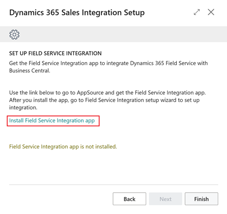 La captura de pantalla muestra el nuevo paso opcional para instalar la aplicación Integración de Field Service en la guía de configuración de Sales.