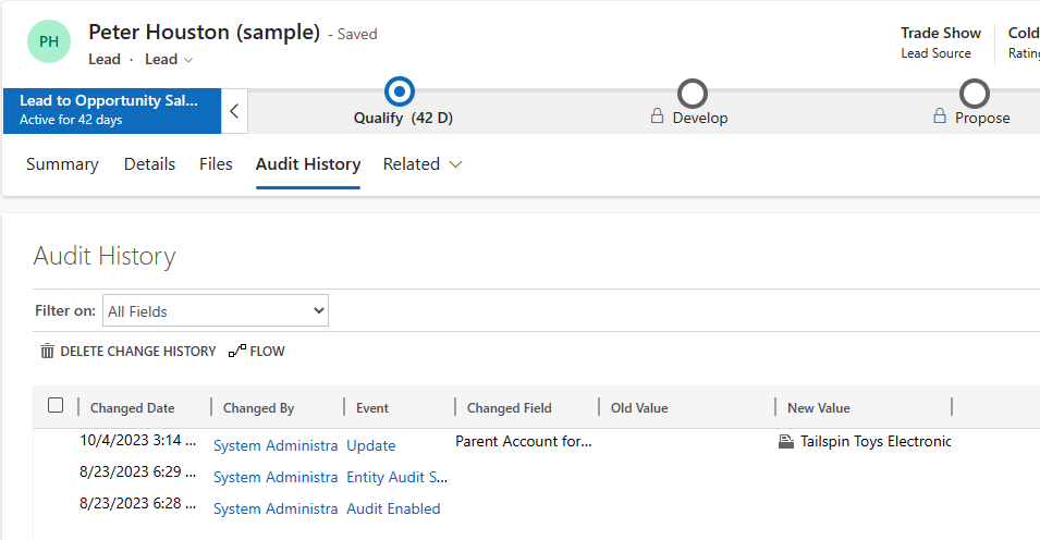 Captura de pantalla del historial de auditoría de un cliente potencial