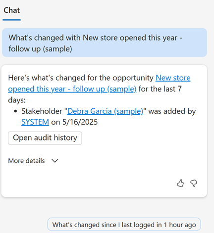 Captura de pantalla de lo que ha cambiado para una oportunidad en el panel de chat de Copilot.