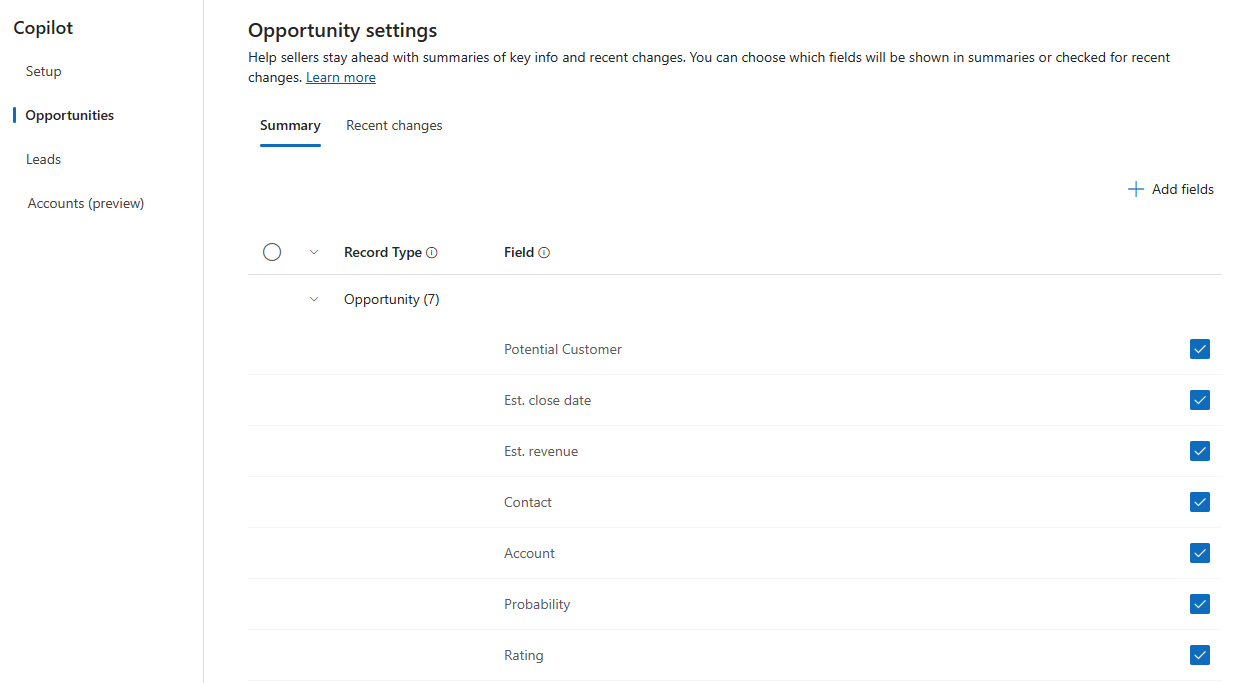 Captura de pantalla de la página Configuración de oportunidades para los resúmenes de registros en Copilot