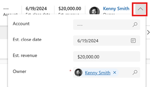 Captura de pantalla del menú de actualización de ingresos estimados y fecha de cierre.
